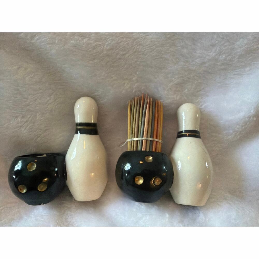 Vintage Enesco Japan Bowling Pin Salt Pepper Shakers Toothpick Holder Set MCM